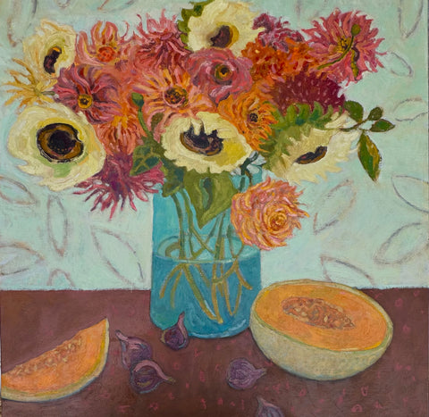 Queeny Zinnias and Creme Sunflowers with Summer Fruit