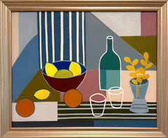 Bowl of Lemons with Oranges and Bottle