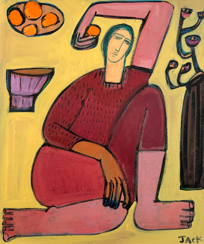 Woman, flower vase and bowl of oranges